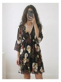 Abito Floreale in Chiffon con Maniche a Campana
