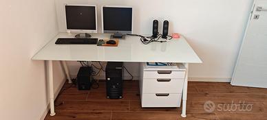 SCRIVANIA CON CASSETTIERA VETRO BIANCO E ACCIAIO