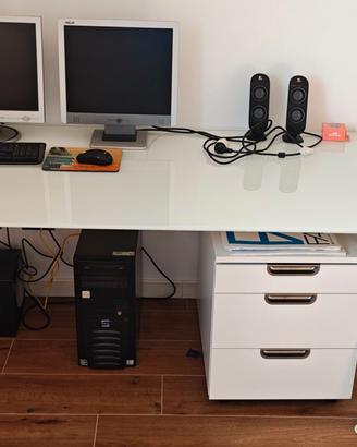 SCRIVANIA CON CASSETTIERA VETRO BIANCO E ACCIAIO