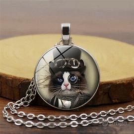 GATTO con OCCHIALI E CATENINA CIONDOLO CABOCHON