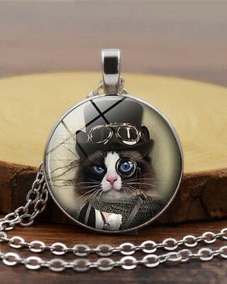 GATTO con OCCHIALI E CATENINA CIONDOLO CABOCHON