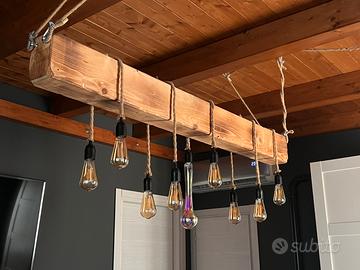 Lampadario Rustico in Legno Massello con funi