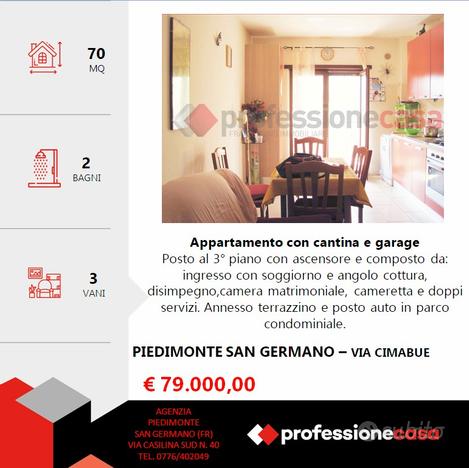 Appartamento con 2camere,2bagni,cantina+garage