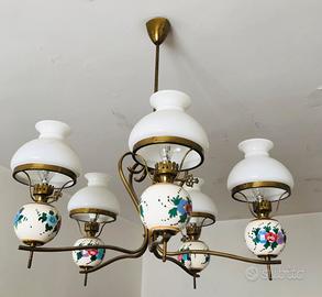 Lampadario  a 5 bracci in ottone e ceramica