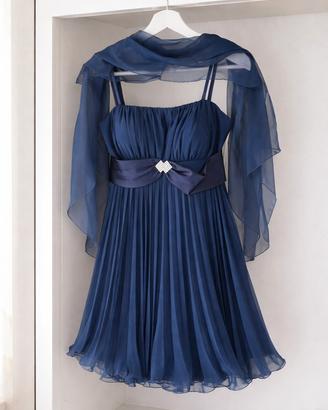 Elegante Abito corto Cerimonia Plissé 46 Blu stola