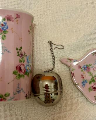 Set da tè rosa floreale tazza, infusore accessori