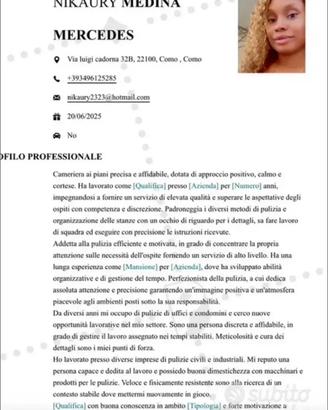 Cameriera al piano, cameriera, babysitter,pulizia