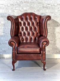 Poltrona Queen Anne inglese vintage in pelle
