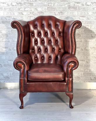 Poltrona Queen Anne inglese vintage in pelle