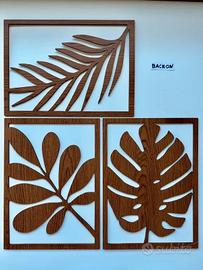 Set da 3 quadri foglie in legno decorazione