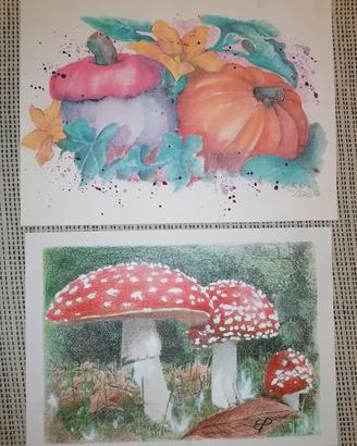 Dipinti originali fatti a mano - zucche e funghi