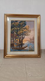Ricamo artigianale con alberi e lago