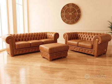 Set Chesterfield Pelle Vintage Cognac 3+2+Pouf