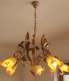 Lampadario in ferro battuto e vetro + portalampada