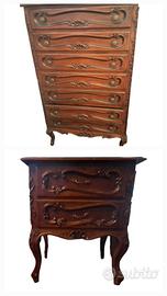 Settimino e comodino in legno scuro con decori