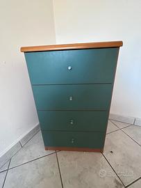 Cassettiera verde petrolio e legno 4 cassetti