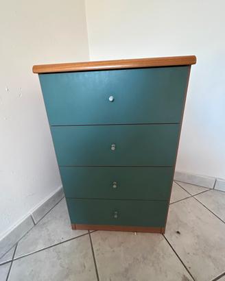 Cassettiera verde petrolio e legno 4 cassetti