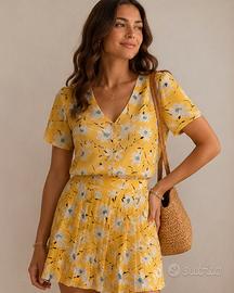 Completo sartoriale vintage pura seta giallo fiori