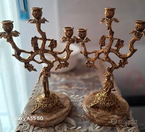 Coppia candelabri in ottone con base marmo H 35 cm