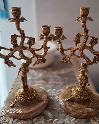 Coppia candelabri in ottone con base marmo H 35 cm