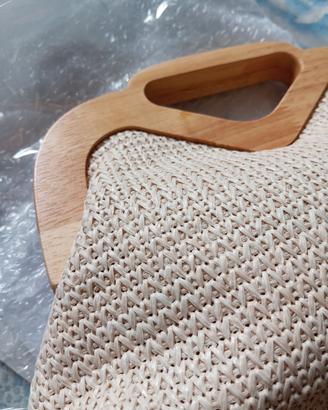 BORSA  POCHETTE TESSUTO INTRECCIATO MANICO LEGNO