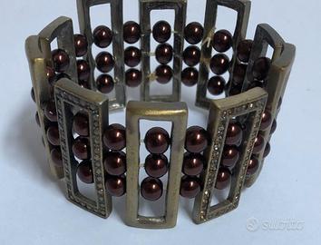 Bracciale a Fascia Elastico Bronzo Antico Perle