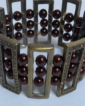 Bracciale a Fascia Elastico Bronzo Antico Perle