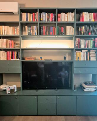 Parete attrezzata/libreria e mobile tv verde opaco