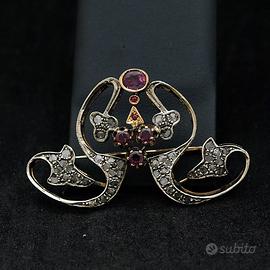 SPILLA VINTAGE ORO 9 KT DIAMANTI 1.90 CT E RUBINI