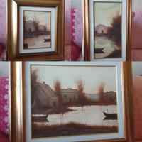 Tre quadri olio su tela "Paesaggio Con barche"