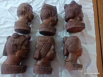 N°6 teste in legno massiccio intarsiate nuove 