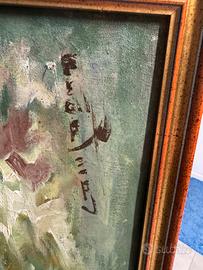 Vecchio dipinto montagne e lago  ad olio, firmato