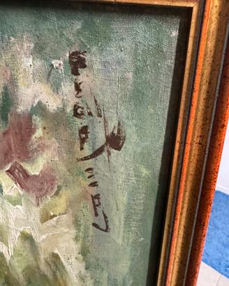 Vecchio dipinto montagne e lago  ad olio, firmato