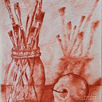 "Pennelli con mela" disegno di Lorenzo Mesini