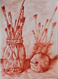 "Pennelli con mela" disegno di Lorenzo Mesini