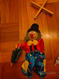 Lotto 3 Marionette Clown legno e stoffa 