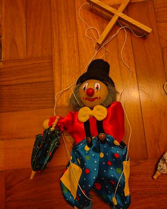 Lotto 3 Marionette Clown legno e stoffa 