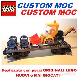 LEGO Train Vagone Pianale con Ruspa - Custom NUOVO