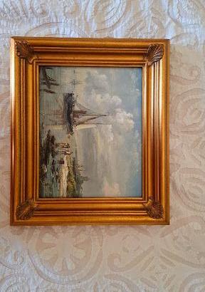 Quadro Olio su Tavola - Marina con Porto e Barche