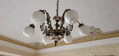 Antiquariato LAMPADARIO METALLO/CERAMICA DECORATA