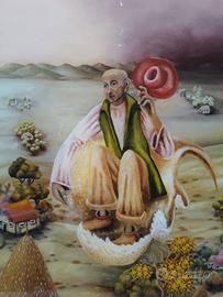 Quadro d'autore con contadino e cornice in legno