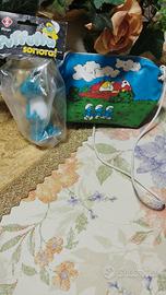 set puffi anni 80 pupazzo furga + borsetta