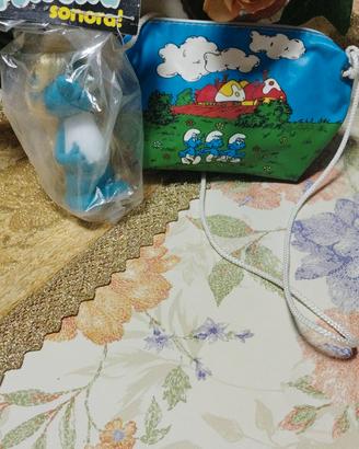 set puffi anni 80 pupazzo furga + borsetta