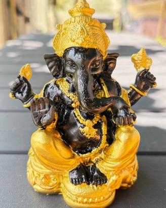 Statua Ganesh Resina Nera/Oro Seduto Loto