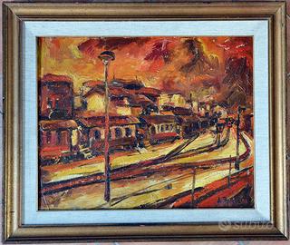 Pittura ad Olio, spatola, stazione ferroviari '800