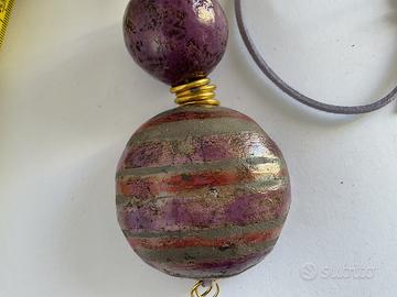 Pendente  raku fatta a mano rosa e viola