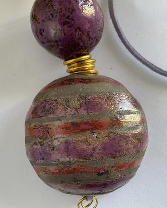 Pendente  raku fatta a mano rosa e viola