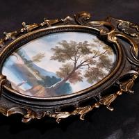 Dipinto ad olio in miniatura con cornice in ottone