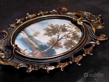 Dipinto ad olio in miniatura con cornice in ottone