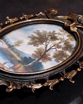 Dipinto ad olio in miniatura con cornice in ottone
